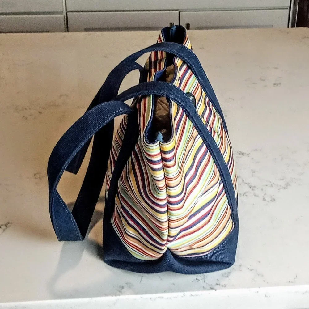 Patricia Han Navy Blue Canvas Striped Tote Bag